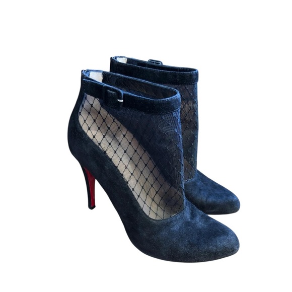 Christian Louboutin "Resillissima 100" Lace Net Stiletto Buckle Suede Heels - Picture 7 of 14